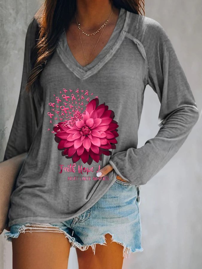 Women's Daisy Faith Pink Ribbon Breast Cancer Awareness Print Casual Long Sleeve T-Shirt