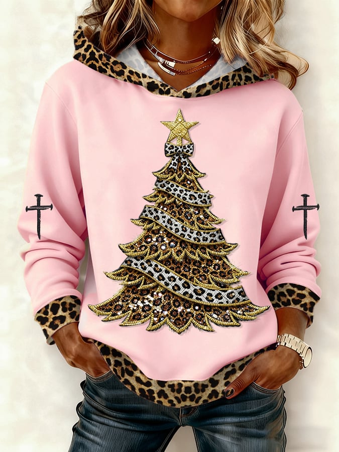Women's Casual Leopard Print Christmas Tree Hoodie