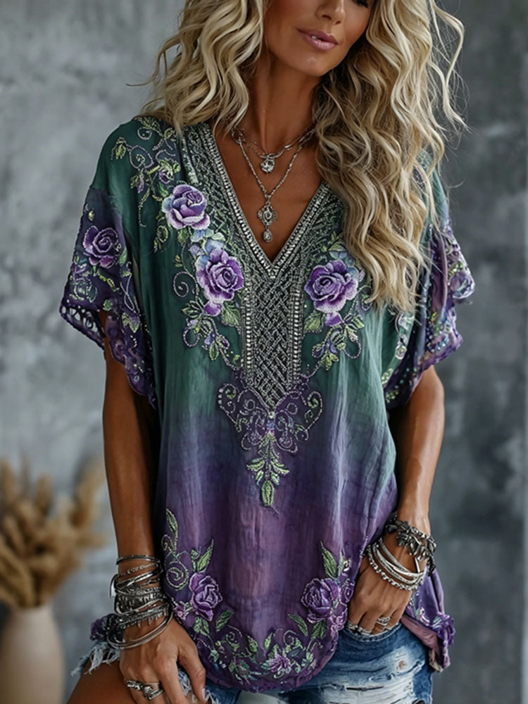 Women's Vintage Celtic Knot Floral Gradient Art Flowy Linen Blend Casual Tops
