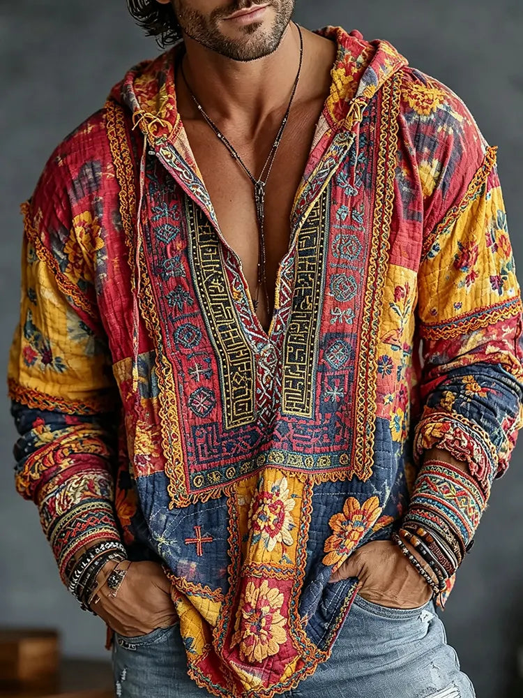Men's Retro Floral  Patchwork Embroidered Art Print Flowy Linen Blend Casual  Hooded Shirt