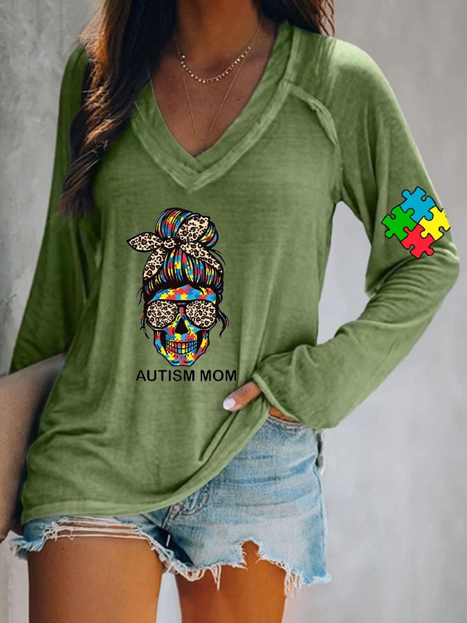 Women's Autism Mom Printed V Neck Long Sleeve T-Shirt