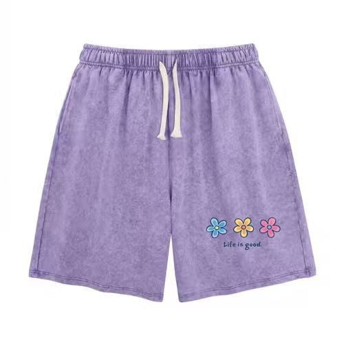 Unisex Flower Print Casual Shorts Acid Wash Soft Comfortable Cotton Blend Bottoms