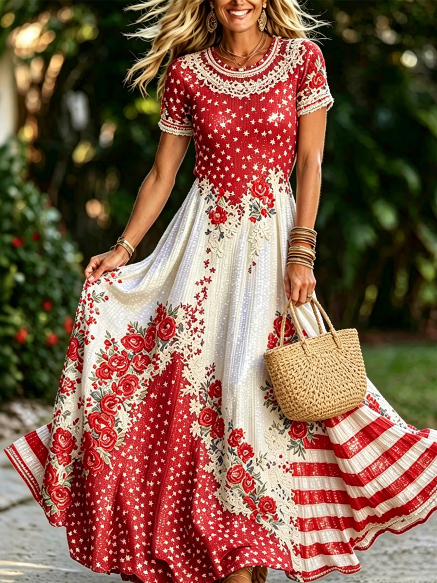 Women's Retro 250th Anniversary Flower Art Printed Dress