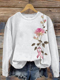 Women's Rose With Pink Ribbon Embroidered Printed Sweatshirt