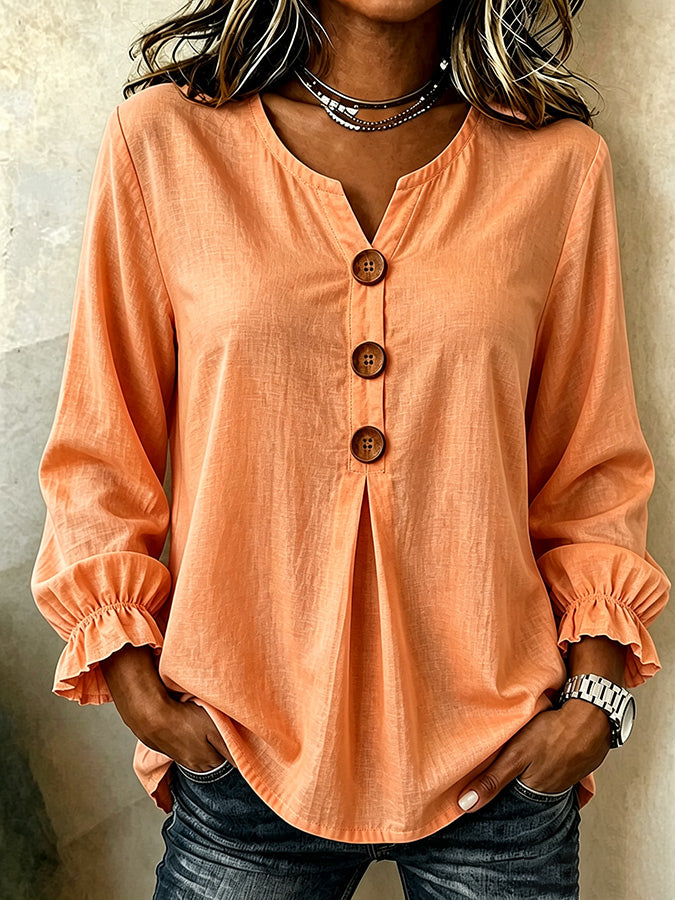 Women'S Casual Solid Color Cotton And Linen Shirt