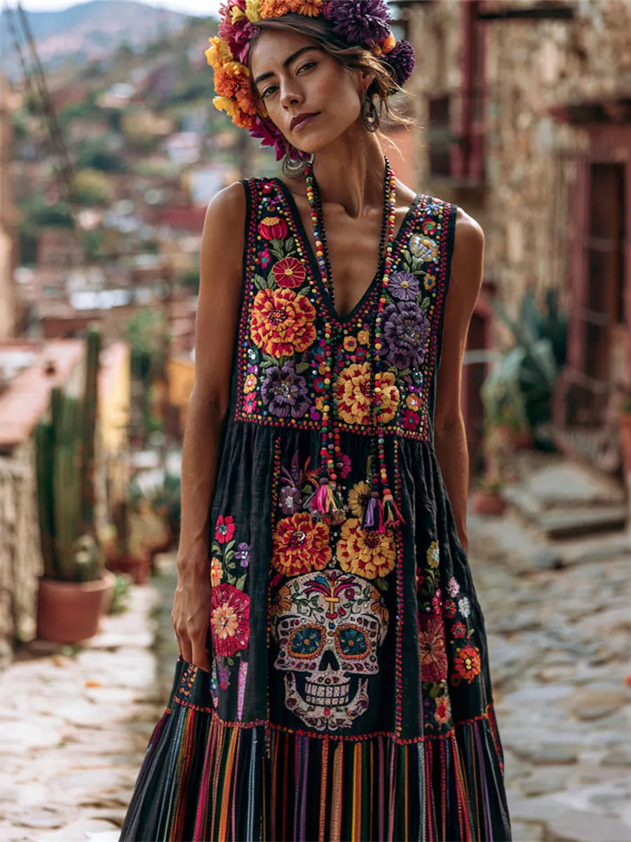 Women's Retro Floral Skull-free Linen V-neck Dress