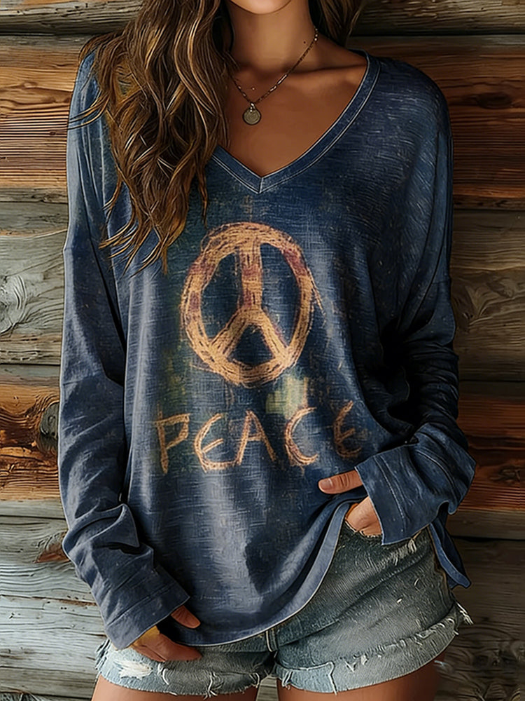 Women's Hippie Heart Tie-dye Art Print Casual V-neck Long Sleeve T-shirt