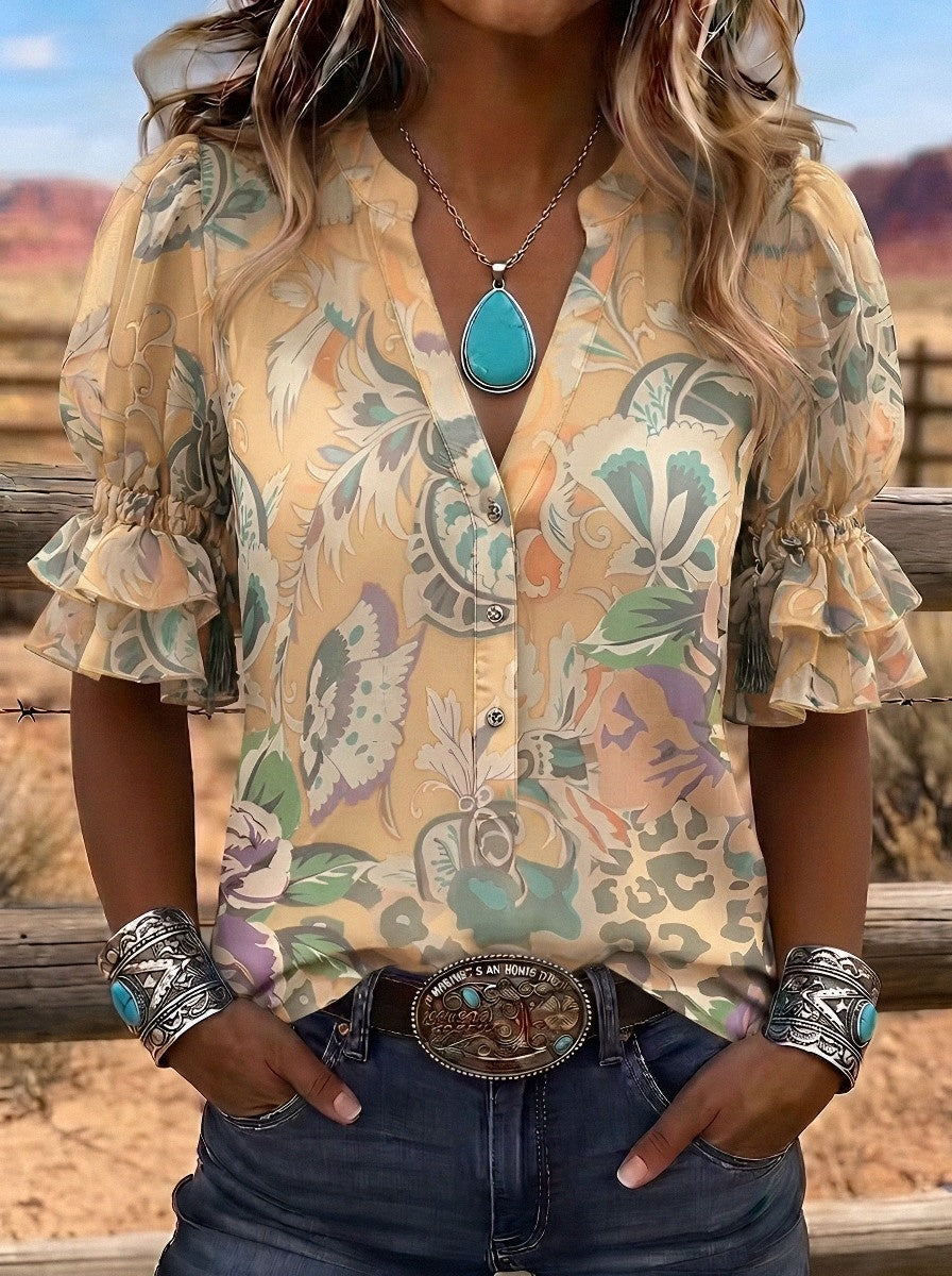 Women's Western Vintage Floral Paisley Printed Blouse