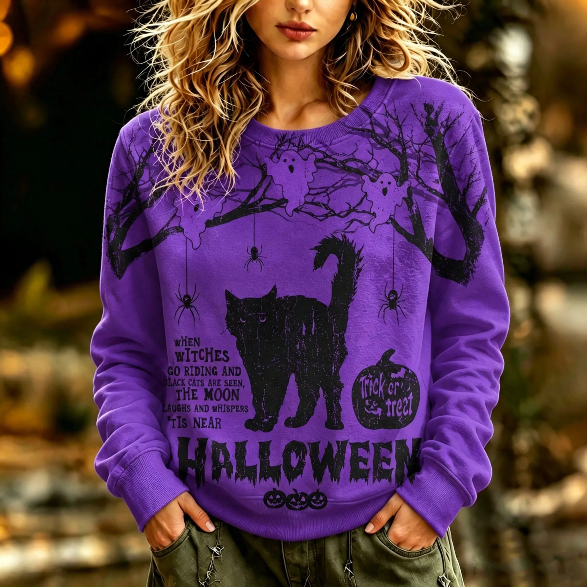 Women's Retro Halloween Style Cat, Spider, And Ghost Printed Sweatshirt