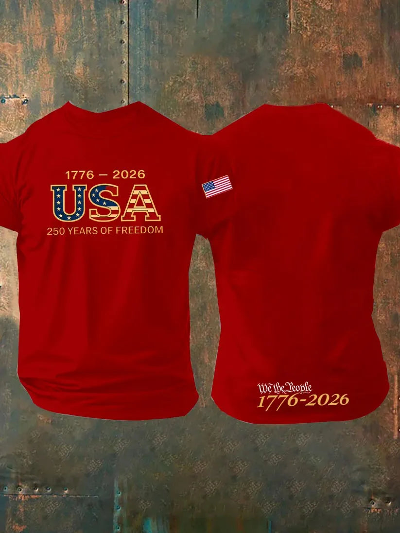 1776-2026 USA 250th Years Of Freedom Pattern 100% Cotton T-Shirt