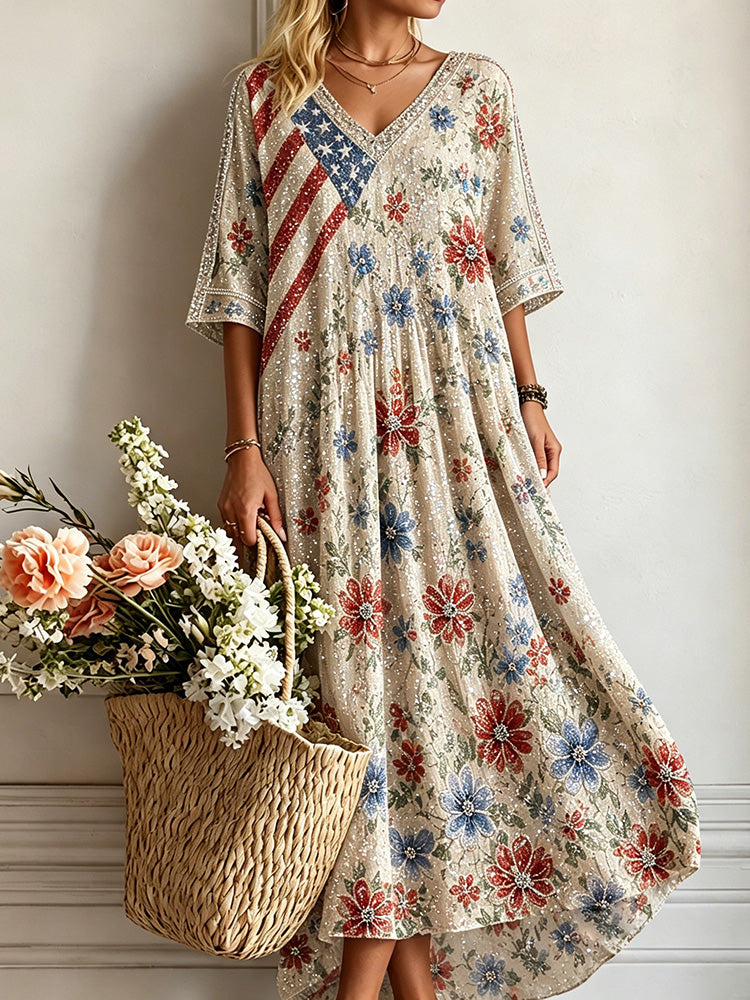 Women's Vintage Independent Day Boho Floral Design Maxi Dress