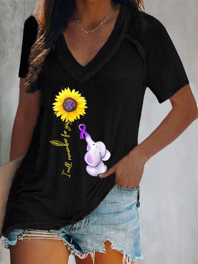 Women's Elephant I Will Remember For You Sunflower Alzheimer Print T-shirt