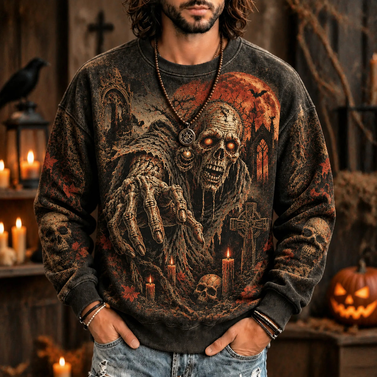 Men's Gothic Zombie Skull Halloween Crewneck Sweatshirt