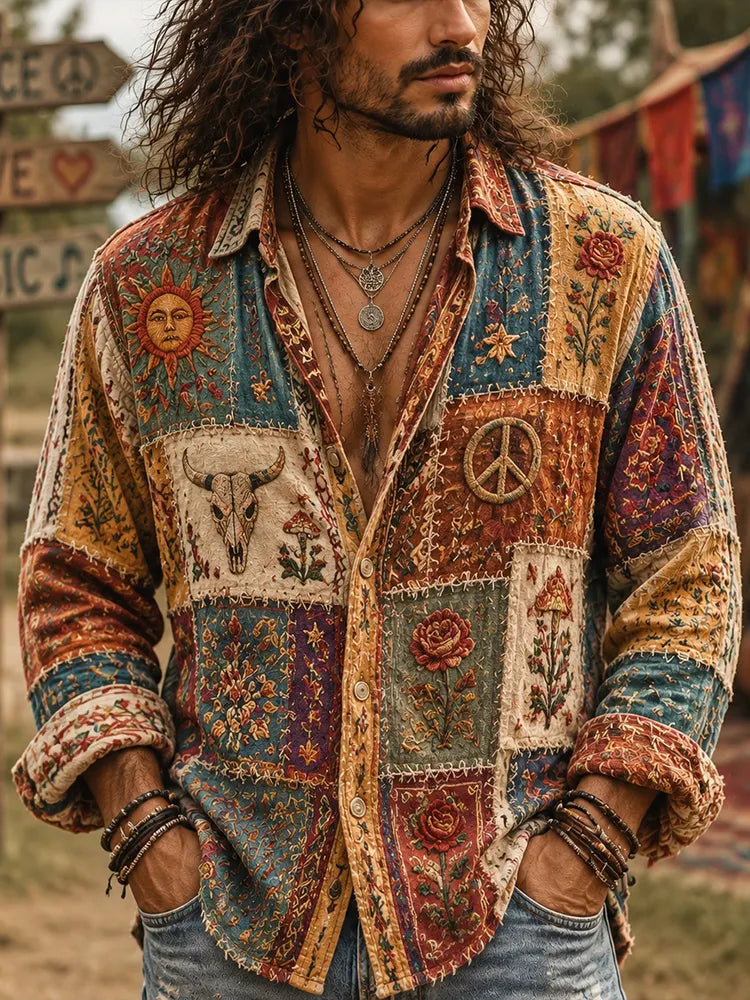 Hippie Peace Symbol And Floral Art Patchwork Vintage Cotton Linen Lapel Long Sleeve Shirt