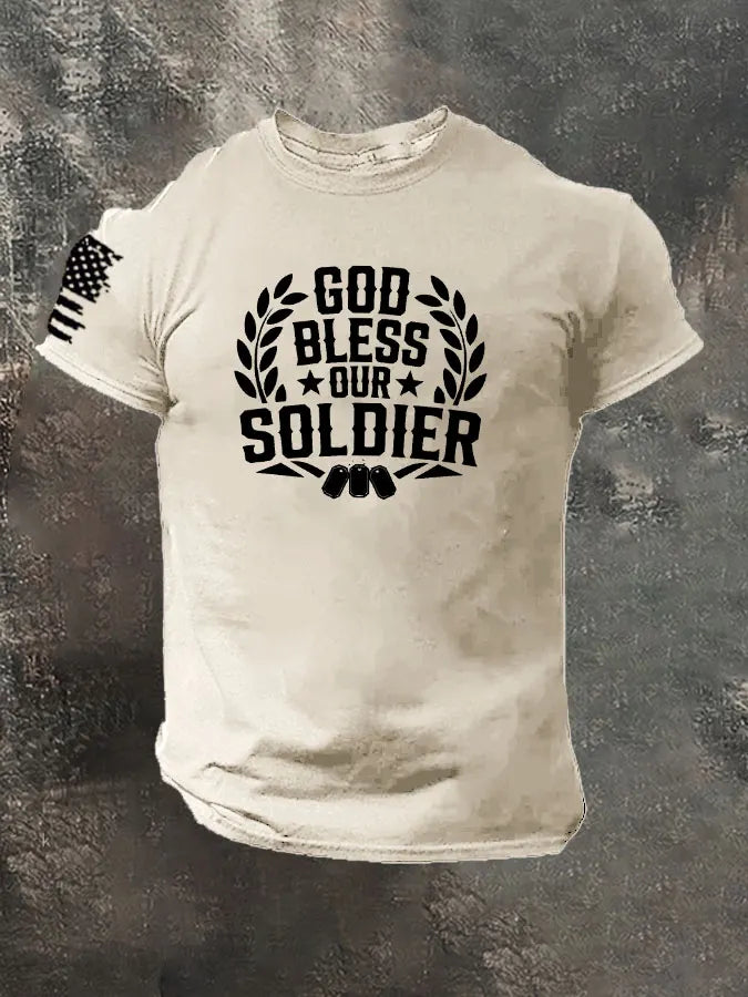 God Bless Oure Soldier Pattern 100% Cotton T-Shirt