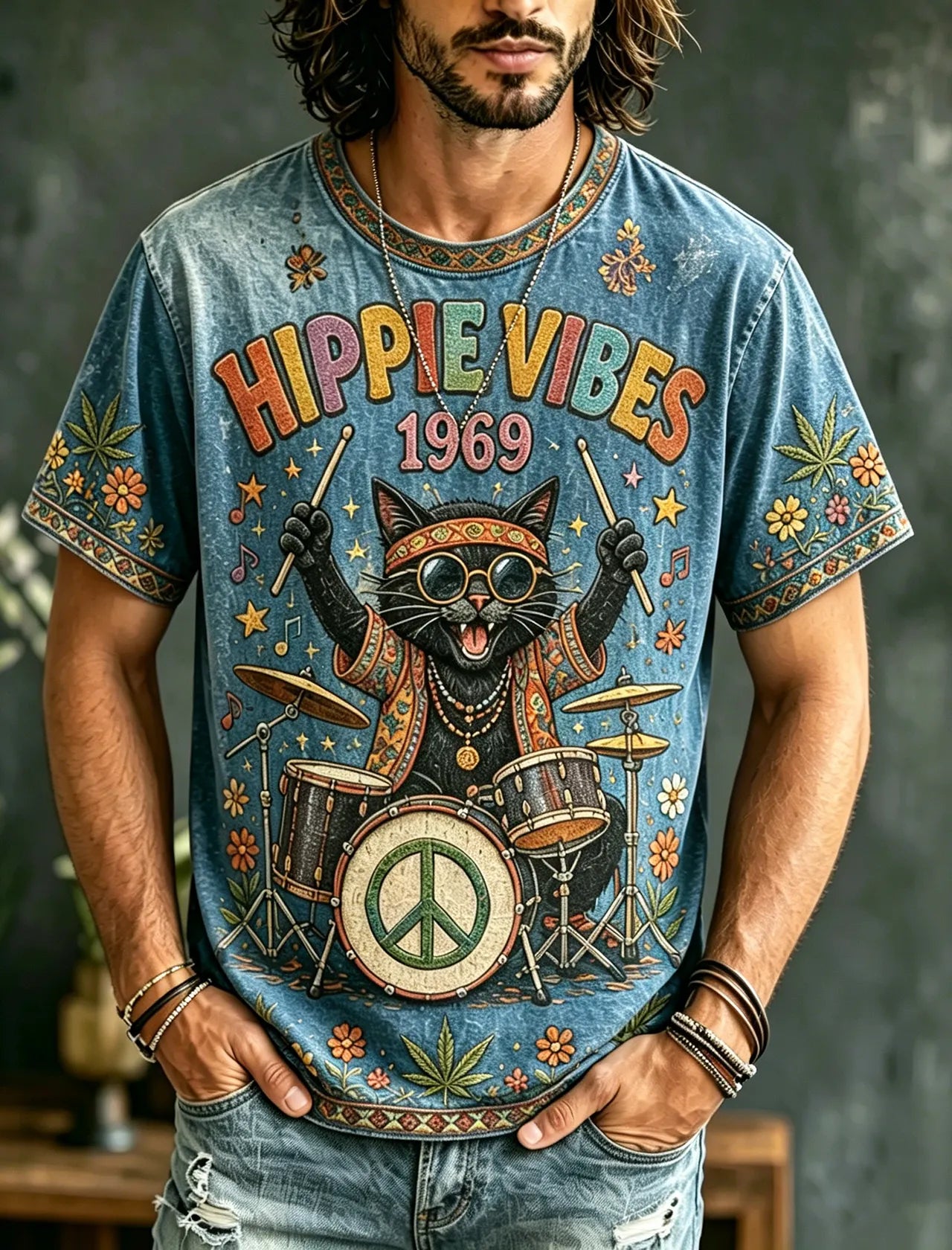 Men's Casual Color Block Music Cat Retro Hippie Crew Neck T-shirt