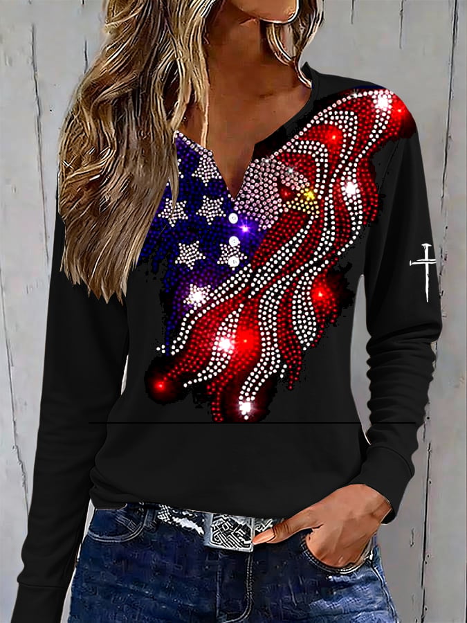 Women's casual retro flag-print button-up sweatshirt