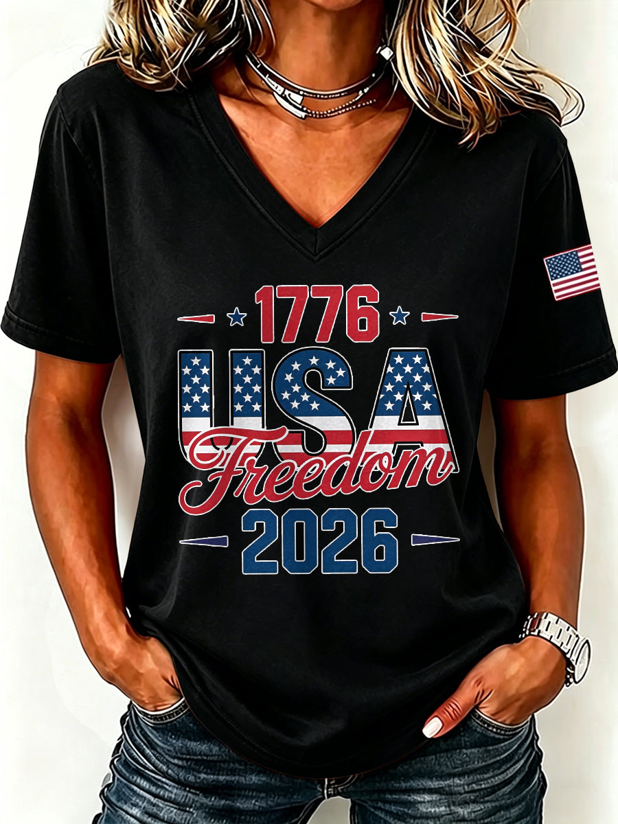 Women's Casual American Independence Day Letter V-Neck T-Shirt