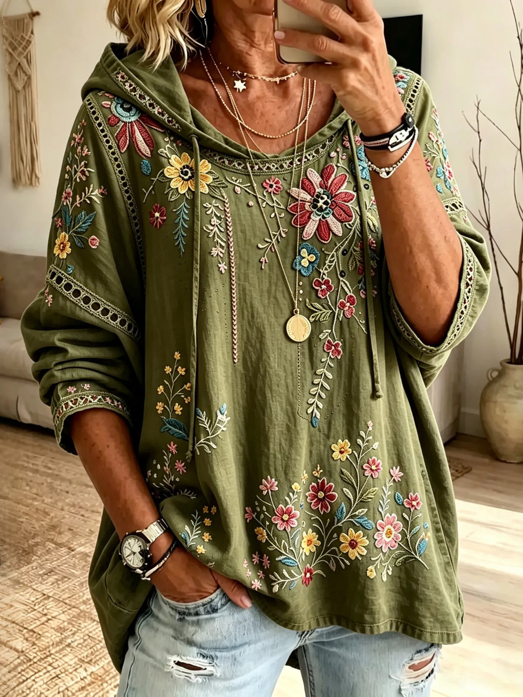 Women's Retro Floral Design Vacation Cotton Linen Hooded Top