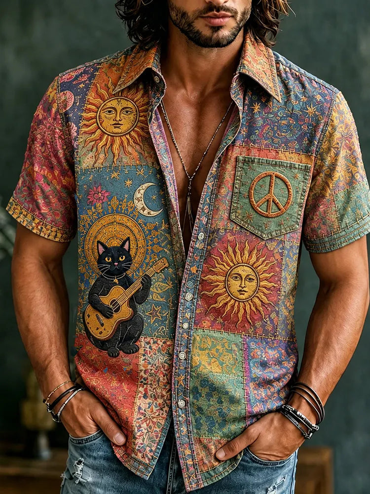 Men's Retro Hippie Patchwork Art Short Sleeve Shirt