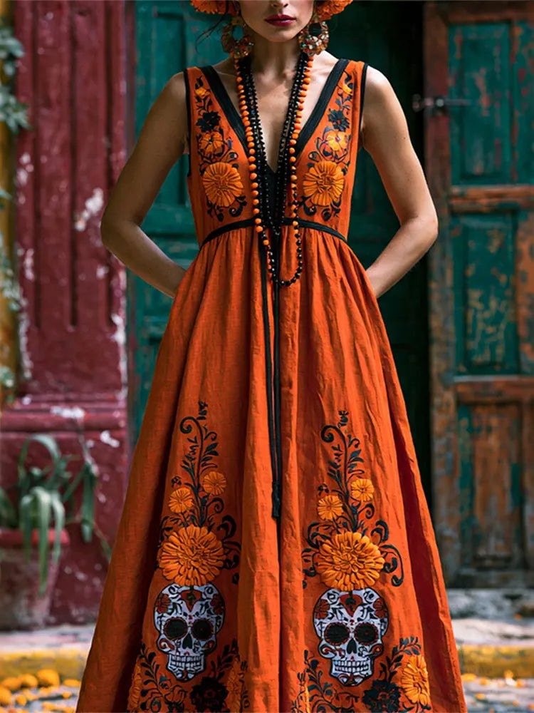 Women's Retro Floral Skull Design V-neck Linen Dress
