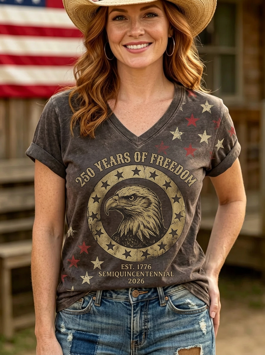 Women's Western Independence Day Eagle 250 Years Printed T-shirt-2