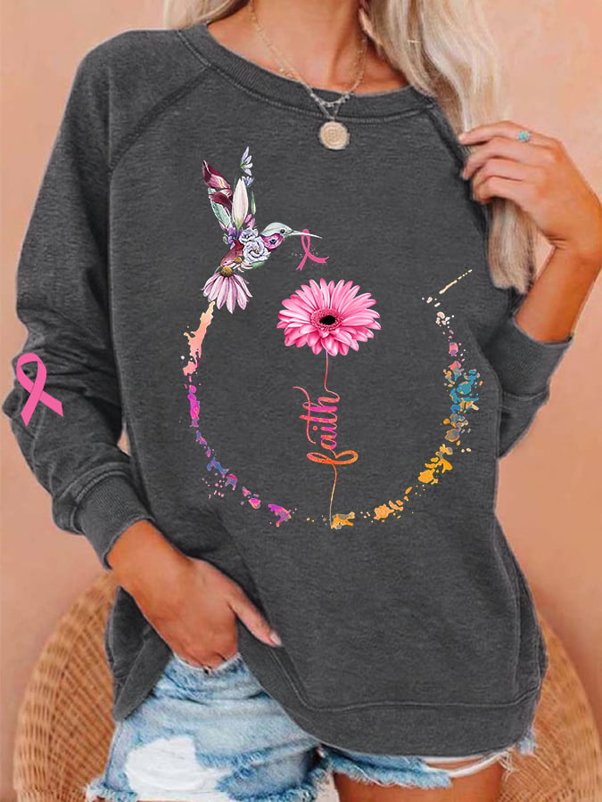 Women's Breast Cancer Awareness Faith Hummingbird Ribbon Sweatshirt