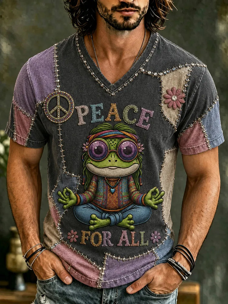 Men's Vintage Hippie Peace For All Pattern Art Embroidered V Neck T-shirt