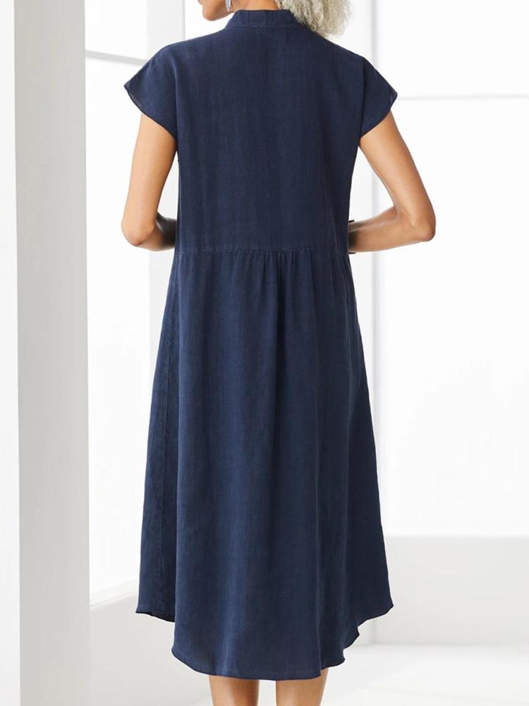 Stand Up Collar Button Down Cotton And Linen Dress With A Pocket