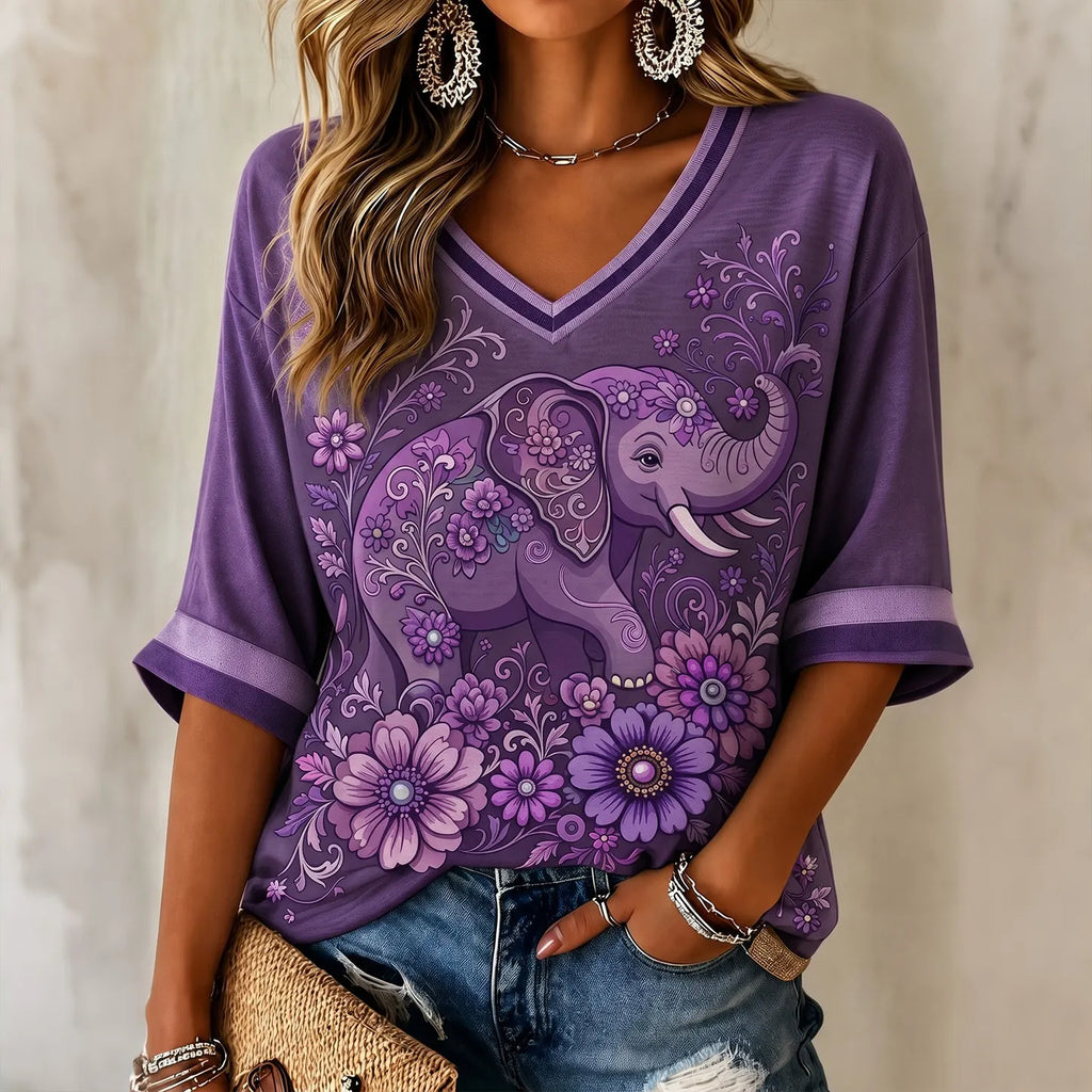 Women's Diamond Elephant Flowers Art Print Alzheimer's Awareness Support 3/4 Sleeves T-shirt
