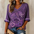 Women's Diamond Elephant Flowers Art Print Alzheimer's Awareness Support 3/4 Sleeves T-shirt