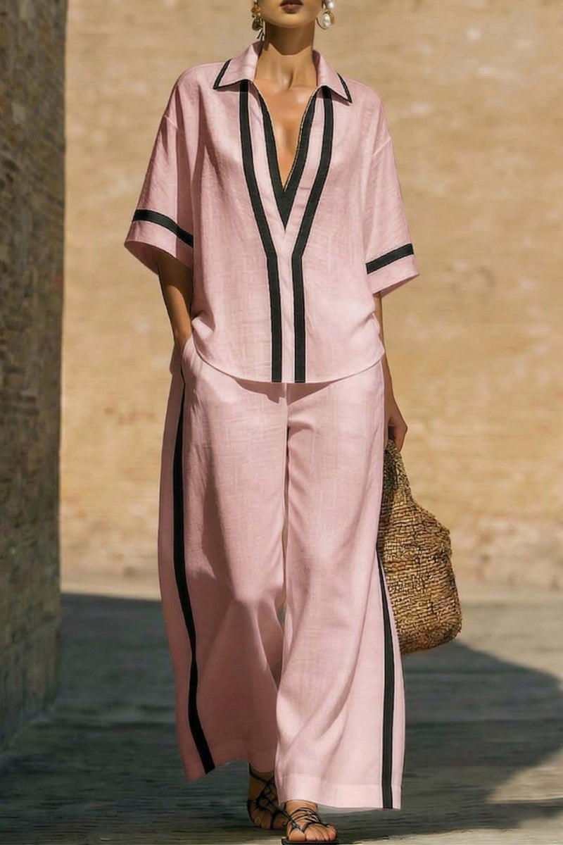 Casual Color-Blocked Short-Sleeved Shirt And Wide-Leg Pants Two-Piece Set