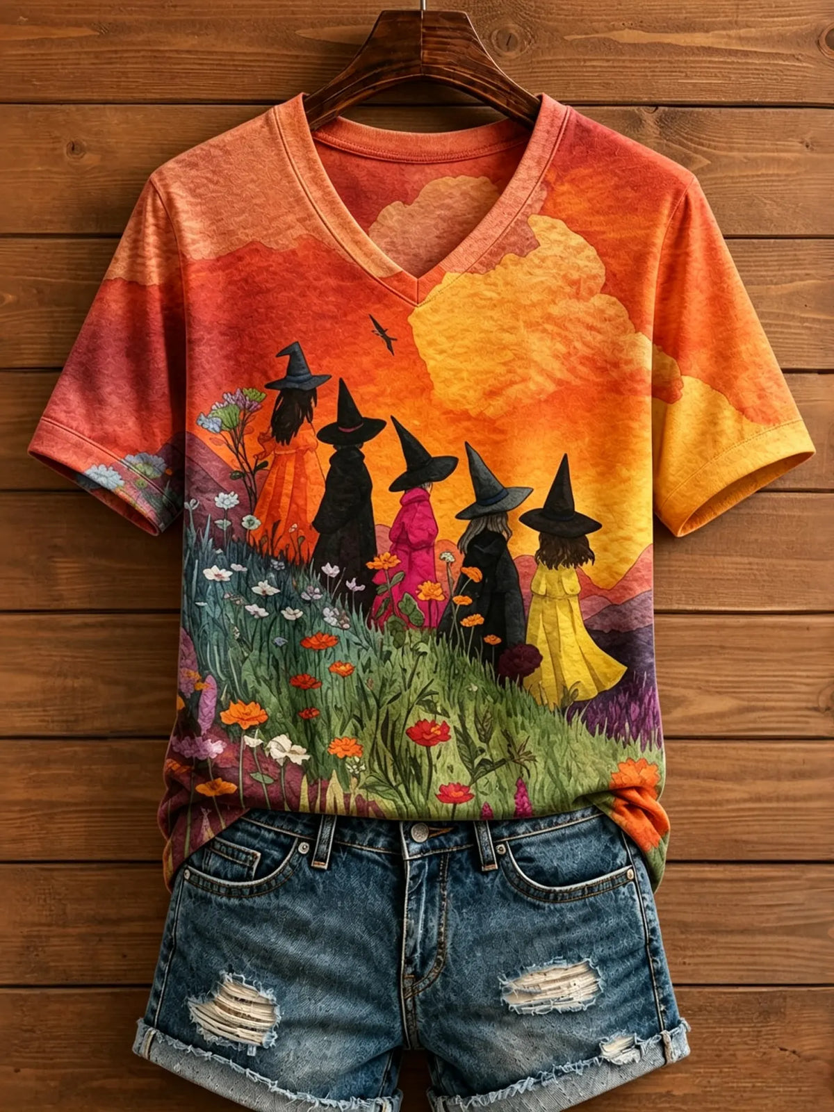 Women's Whimsical Friends Sunset Meadow Print Boho Short Sleeve V‐neck T-shirt
