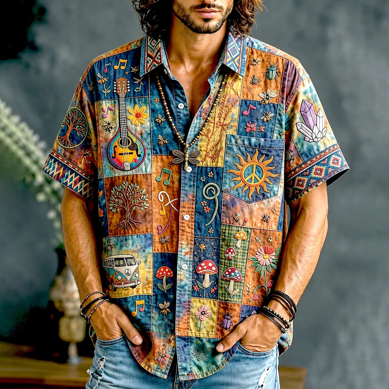 Men's Peace Sign Guitar Hippie Patchwork Print Casual Shirt