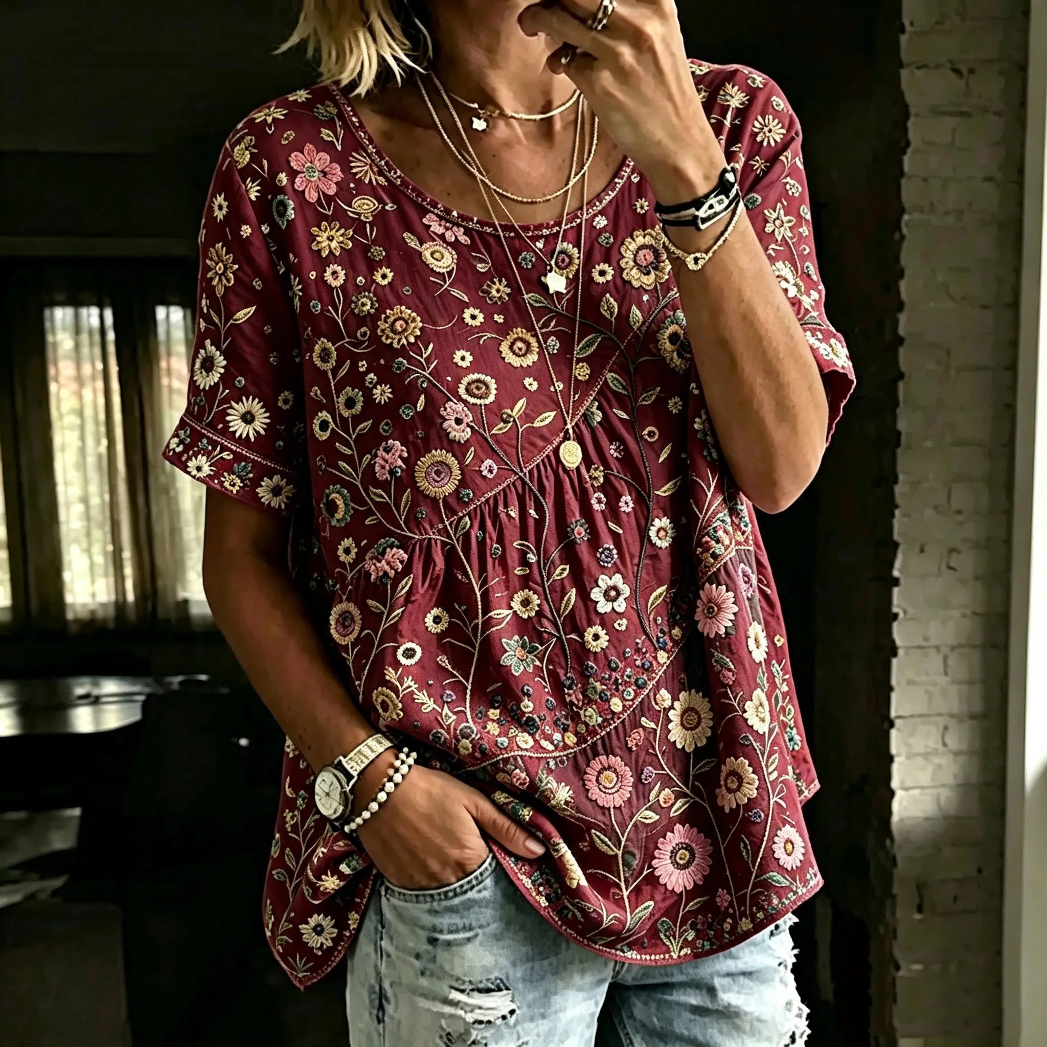 Women's Retro Bohemian Hippie Style Floral Embroidered Print Top