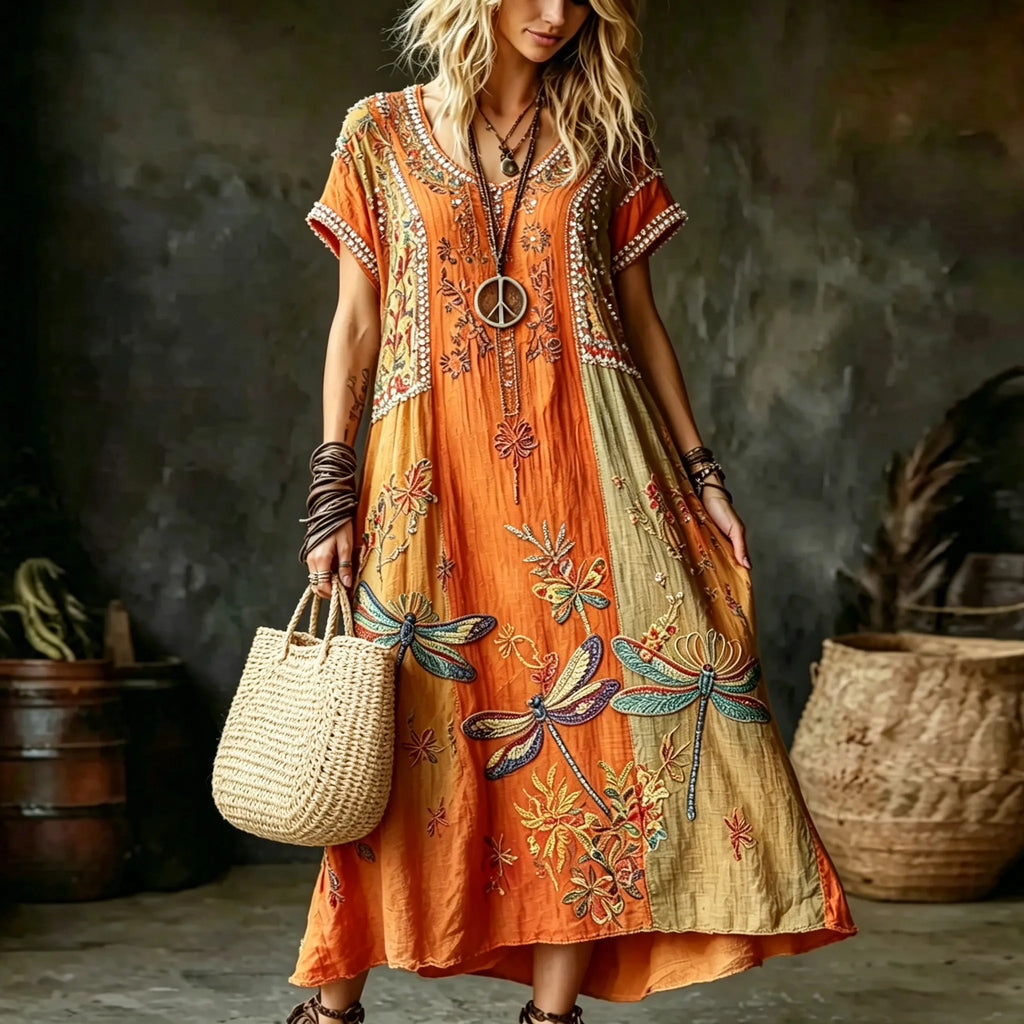 Women's Vintage Hippie Floral And Dragonfly In Patchwork Pattern Art Embroidered Linen Blend Maxi Dress