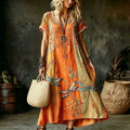 Women's Vintage Hippie Floral And Dragonfly In Patchwork Pattern Art Embroidered Linen Blend Maxi Dress