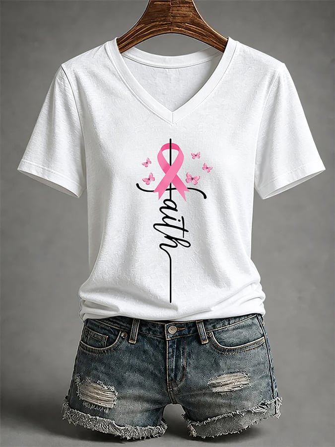 V-Neck Retro Pink Ribbon Butterfly Faith Support Breast Cancer Print T-Shirt