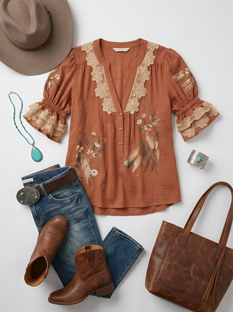 Women's Western Vintage Floral Lace Trimmed Printed Top