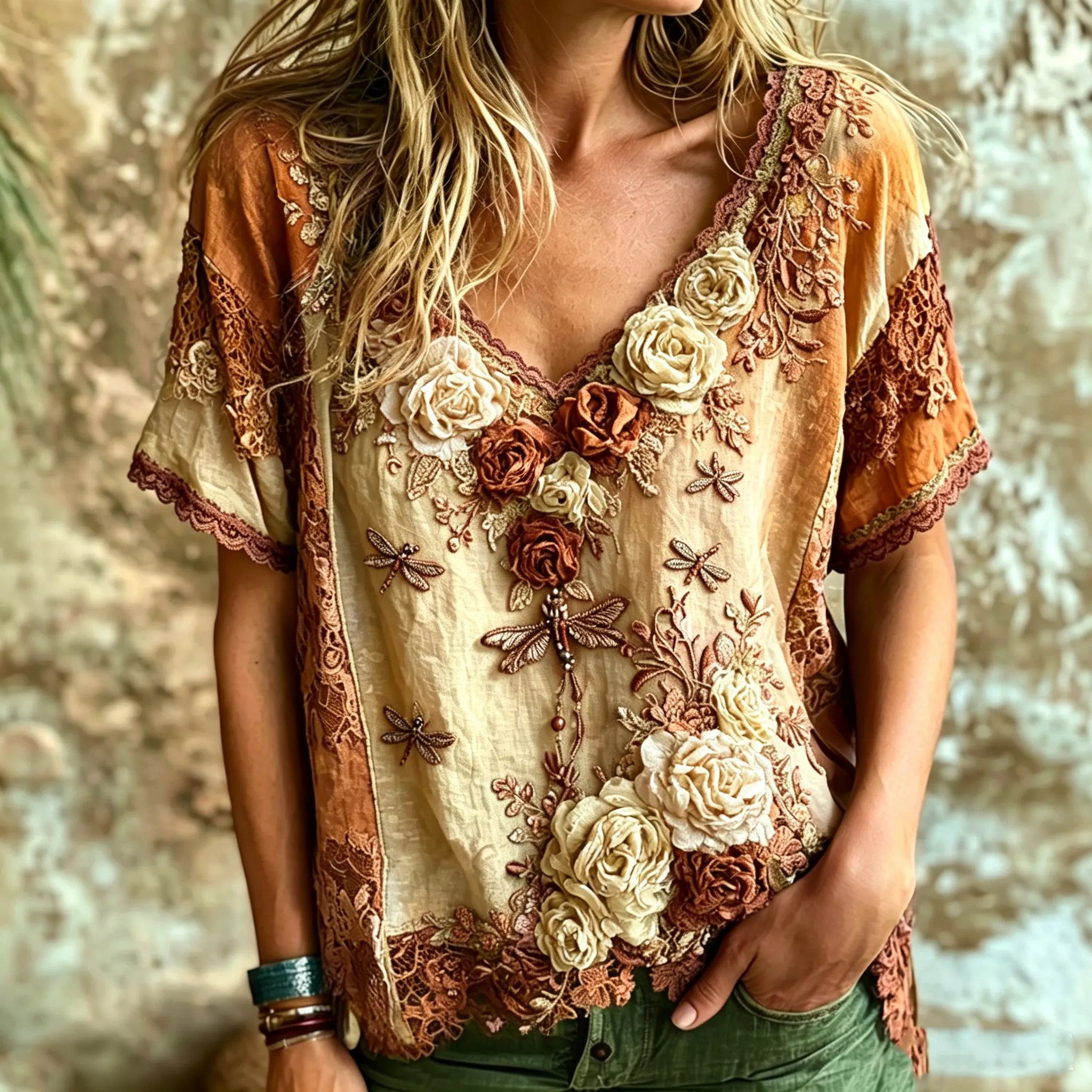Women's Vintage Bohemian Rose And Dragonfly Embroidered Print Top