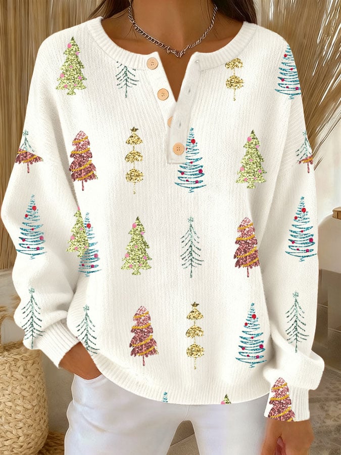 Women's Christmas Print Knit Button Top