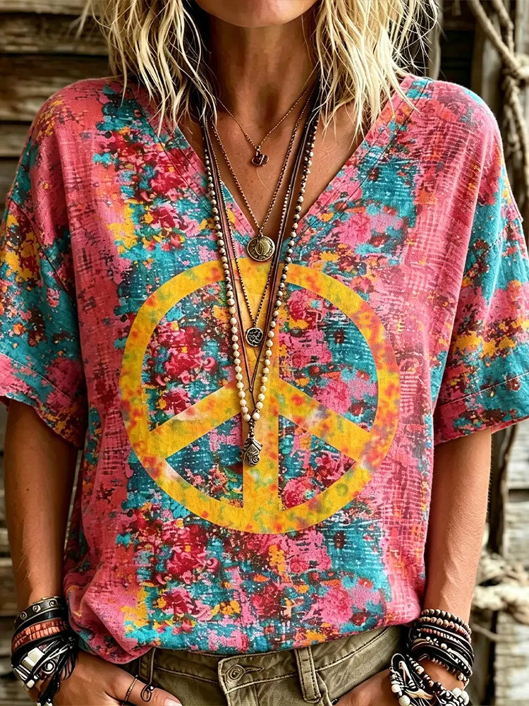 Retro Hippie Colorful Tie-dye Peace Symbol V-neck T-shirt