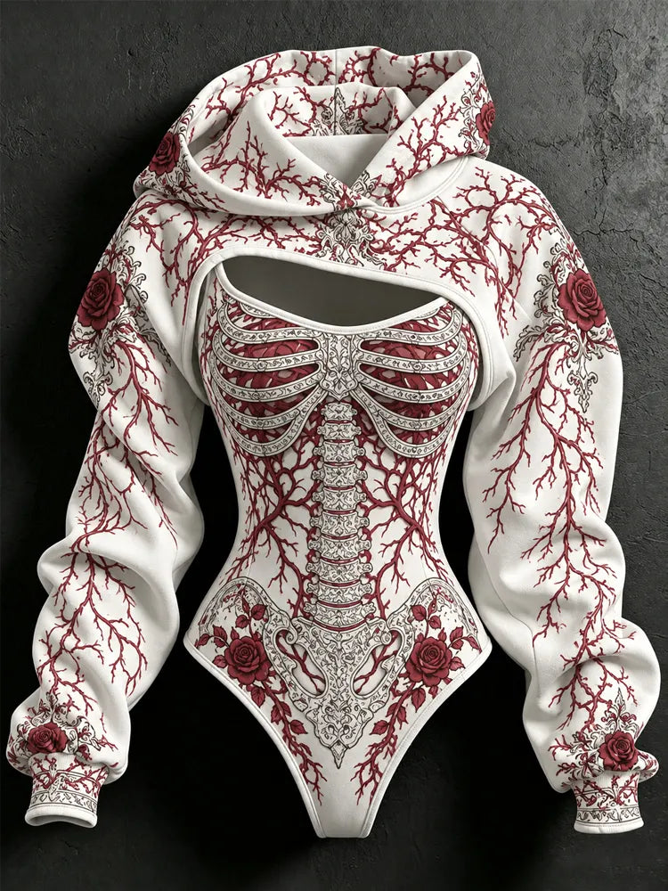 Women's Halloween Gothic Rose Skeleton Vein Print Hoodie Set Two-piece Outfit