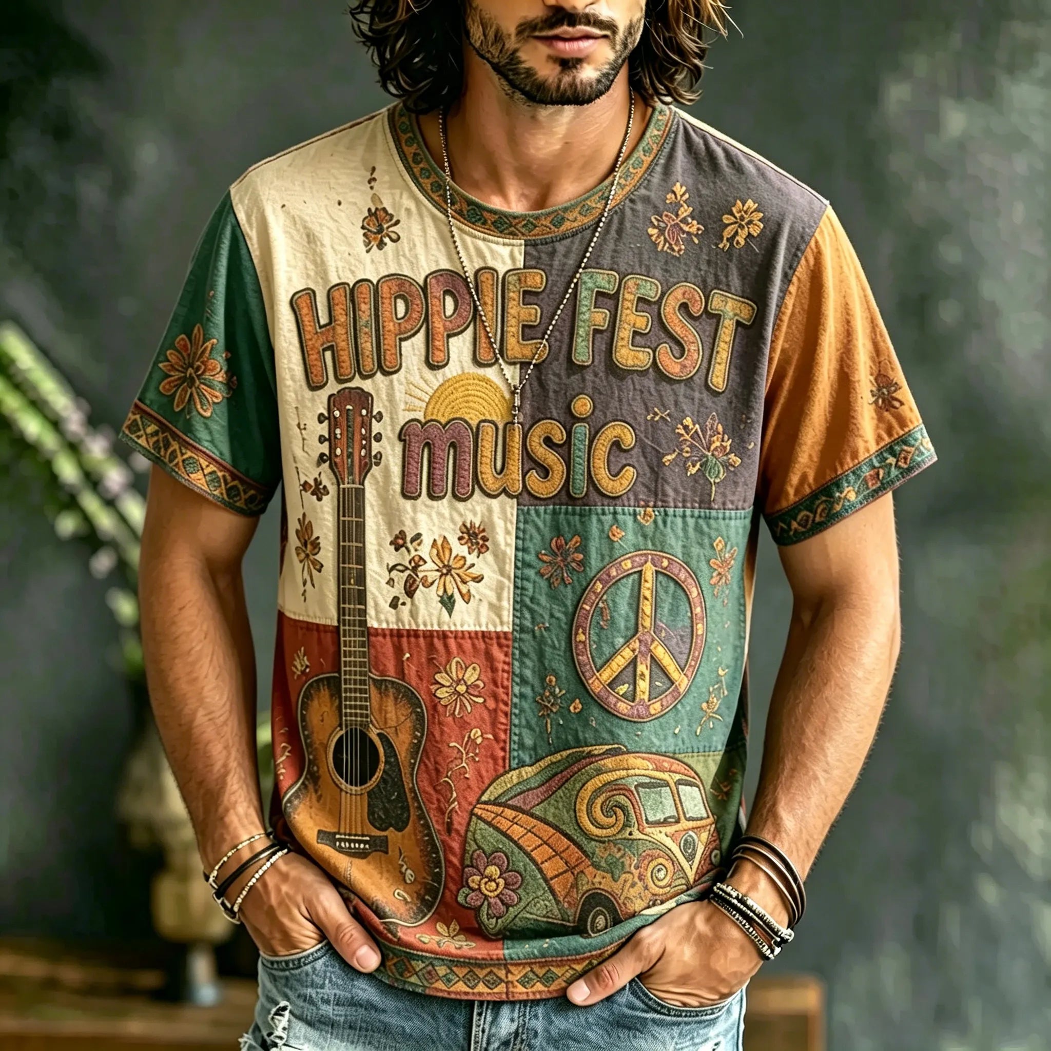 Men's Casual Color Block Music Letter Retro Hippie Crew Neck T-shirt