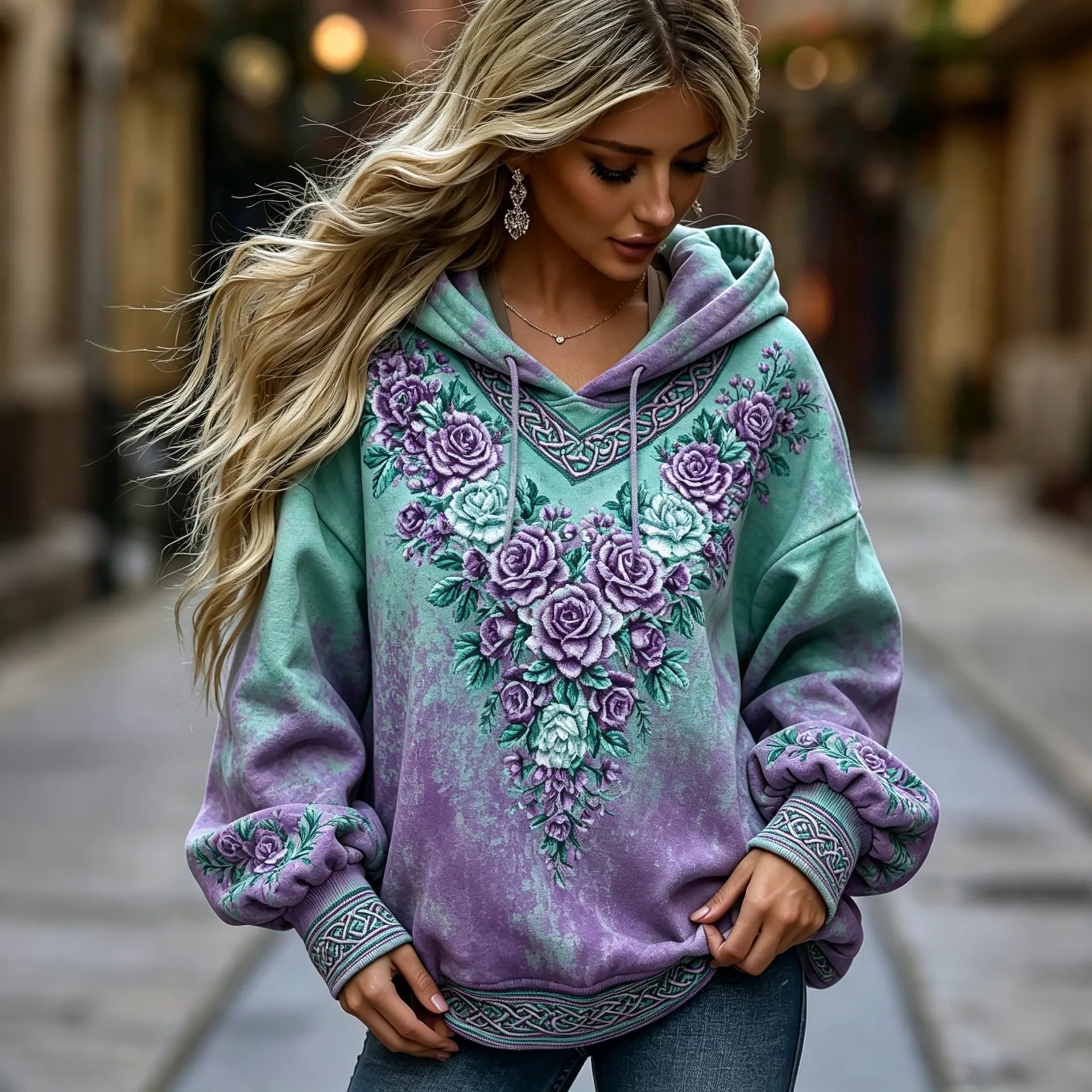 Women's Vintage Viking Celtic Knot Floral Print Comfortable Warm Hoodie