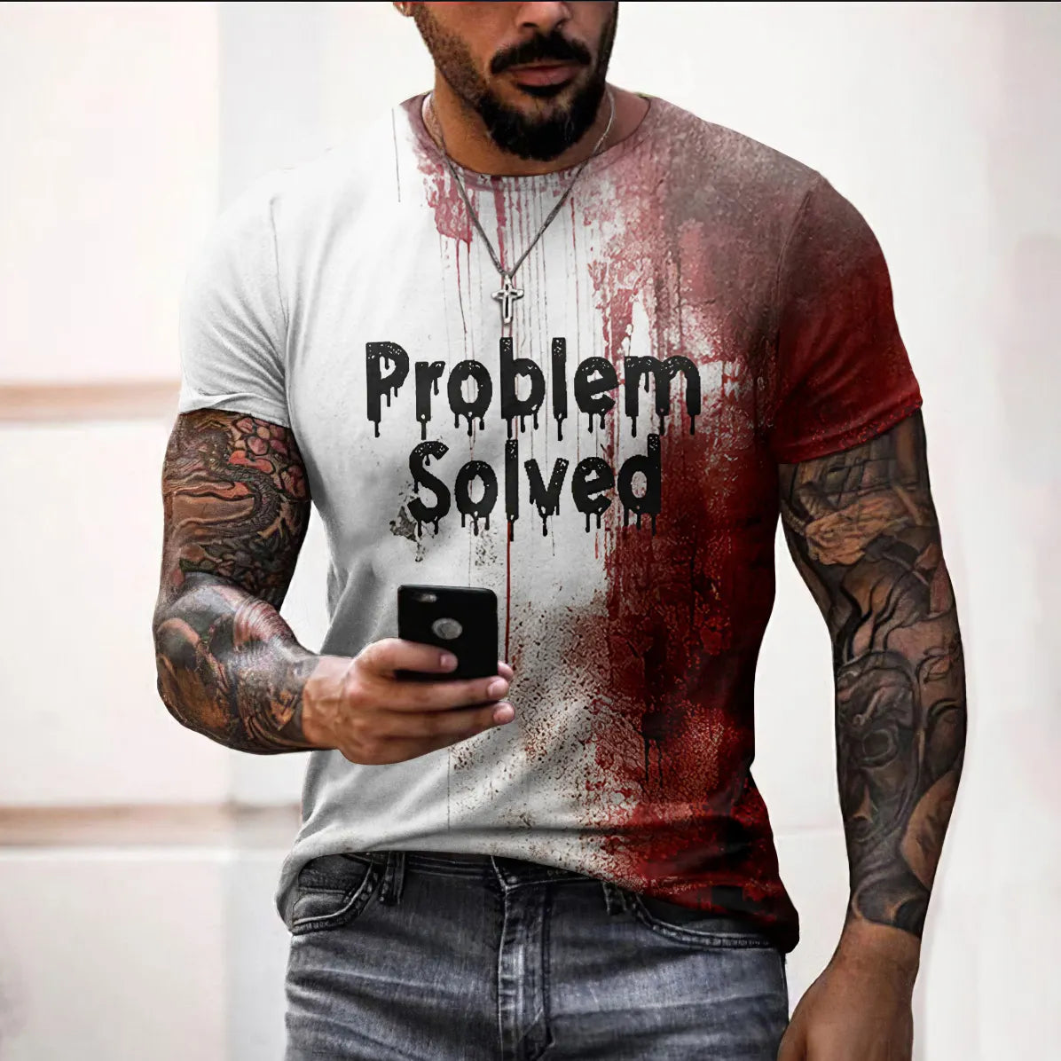 Men's Bloody Problem Solved Halloween Print T-shirt