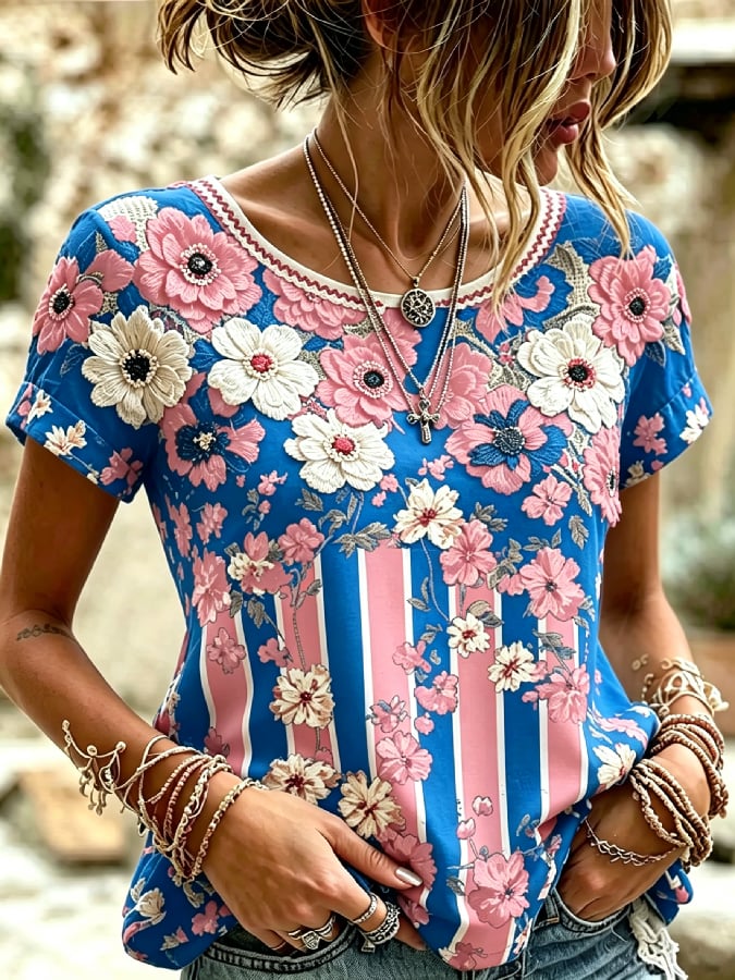 Women'S Casual Pink Floral Print Short-Sleeve Top