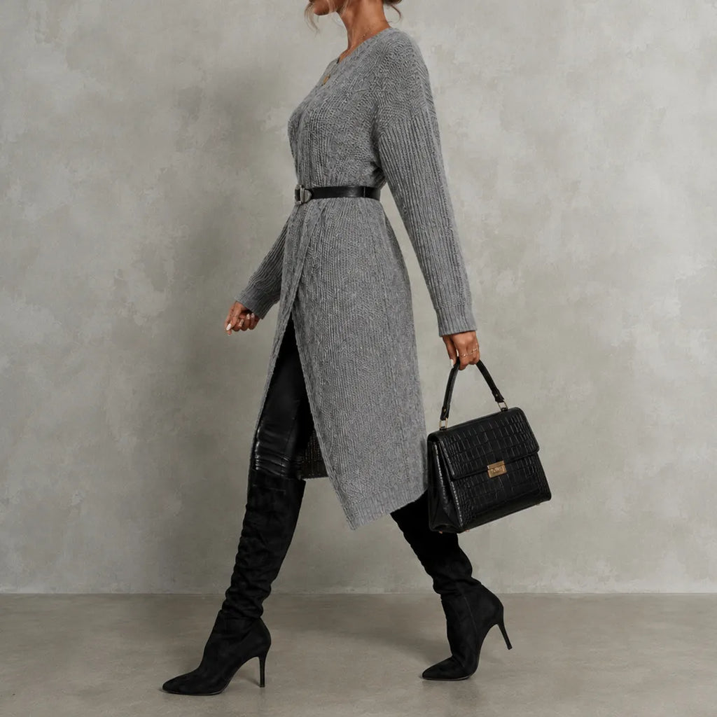Elegant Crew Neck Long Knit Sweater