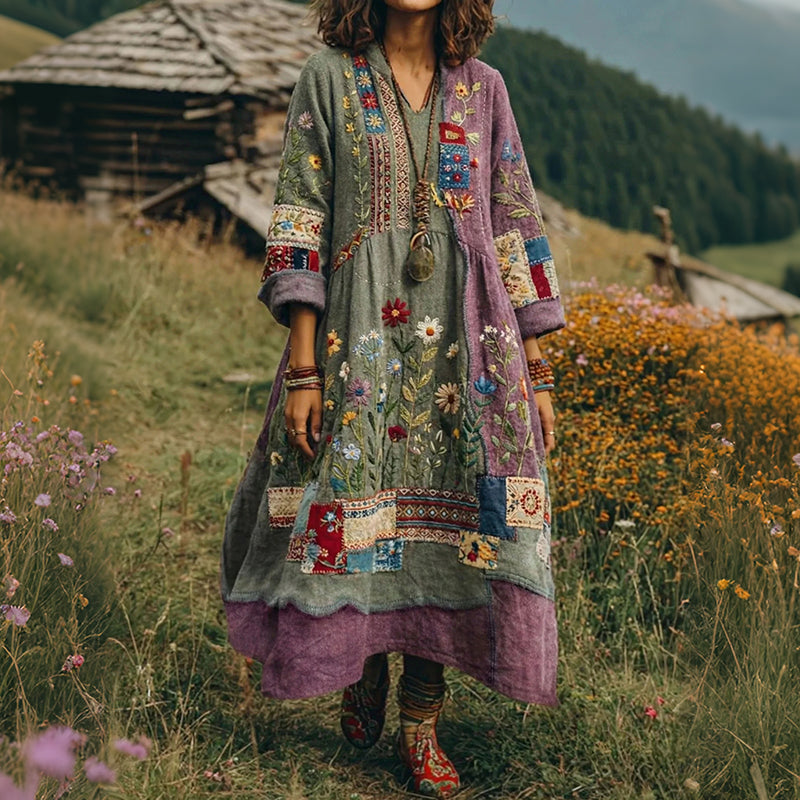 Women's Bohemian Retro Ethnic Floral Color-blocked Art Print Flowy Linen Blend Long-sleeve Casual Dress