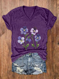 Women's Purple Floral Pansy Dementia Alzheimer's Disease Awareness Print V-Neck T-Shirt
